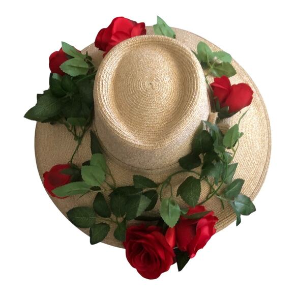 Fine Millinery Collection By August Accessories Wide Brim Red Roses Floral Hat - Picture 7 of 11